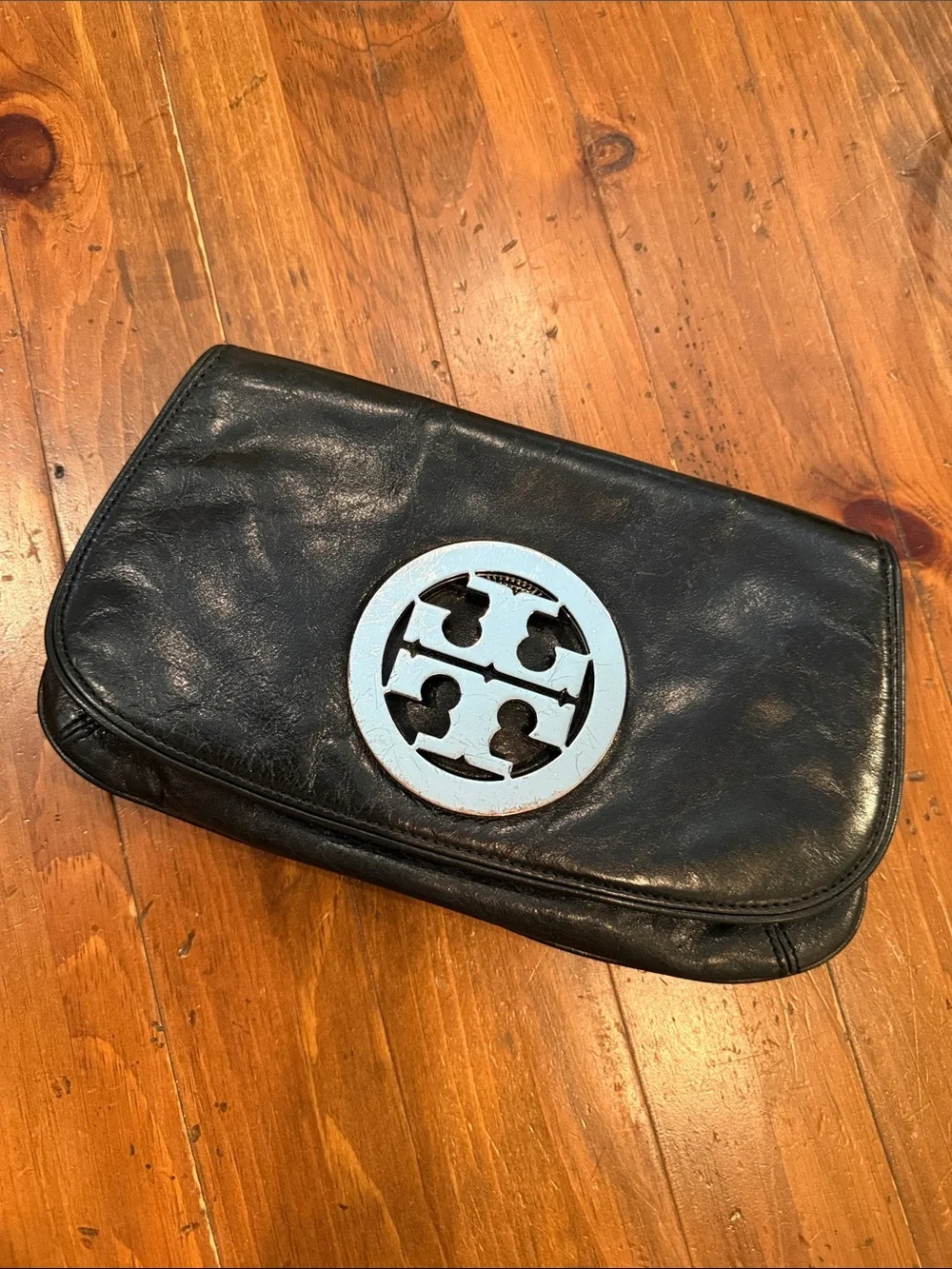 Tory Burch Black Leather Clutch with Silver Logo Accent
